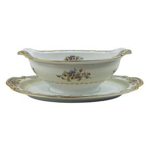 Noritake Naomi Gravy Boat Attached‎ Underplate Floral Blue Border Gold Trim
